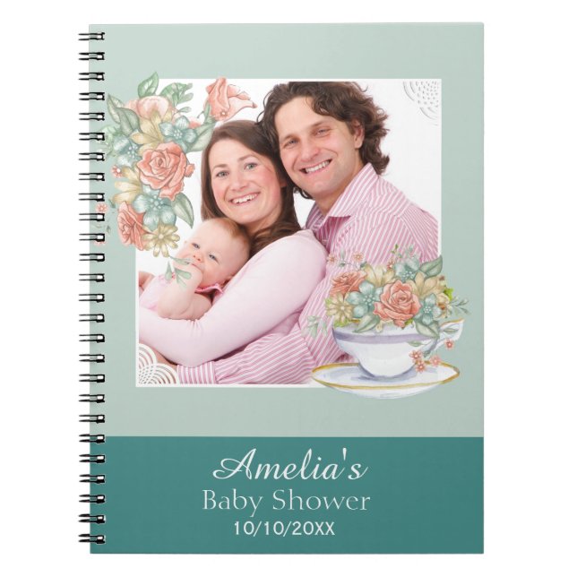 Watercolor Floral Tea Party Baby Shower Guest Notebook (Front)