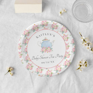 Watercolor Floral Tea Party   Baby Shower Paper Plate