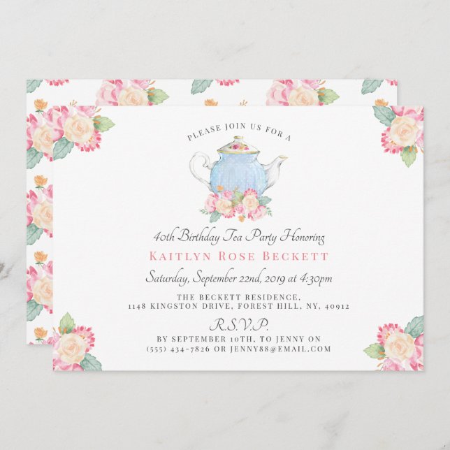 Watercolor Floral Tea Party | Birthday Invitation (Front/Back)