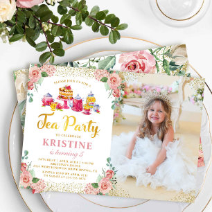 Watercolor Floral Tea Party Girls Birthday Photo Invitation