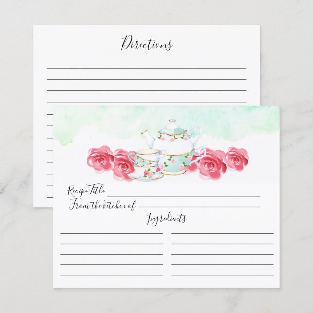 Watercolor Floral Tea Pot Floral Recipe Card (Front/Back)