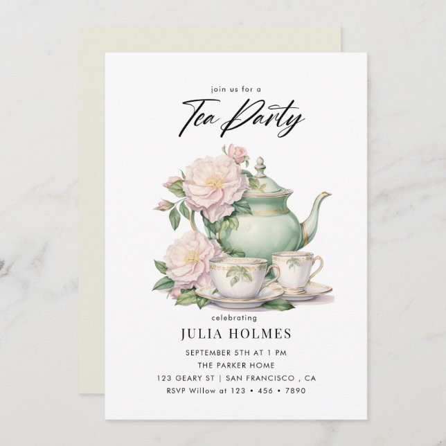 Watercolor Floral Teacup Tea Party Invitation (Front/Back)