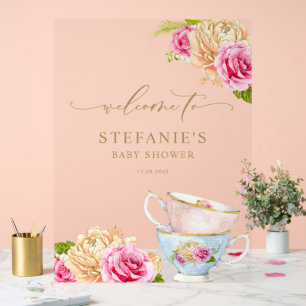 Watercolor Floral Teacups Baby Shower Welcome Acrylic Sign