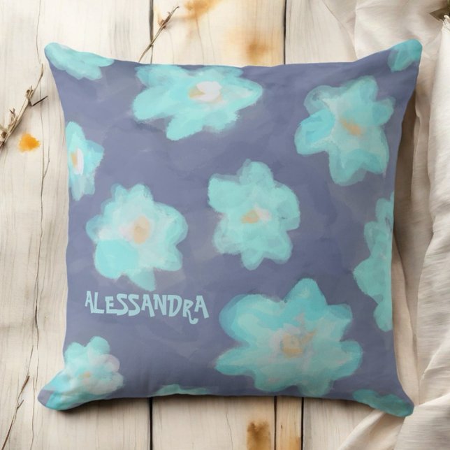 Watercolor floral teal blue monogram wildflowers  cushion (Creator Uploaded)