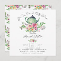 Watercolor Floral Teapot Baby Shower Invitation