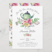 Watercolor Floral Teapot Baby Shower Invitation