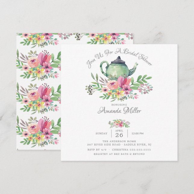 Watercolor Floral Teapot Bridal Shower  Invitation (Front/Back)