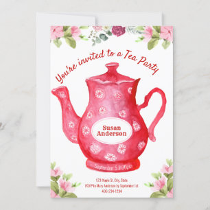 Watercolor Floral Teapot Tea Party Invitation