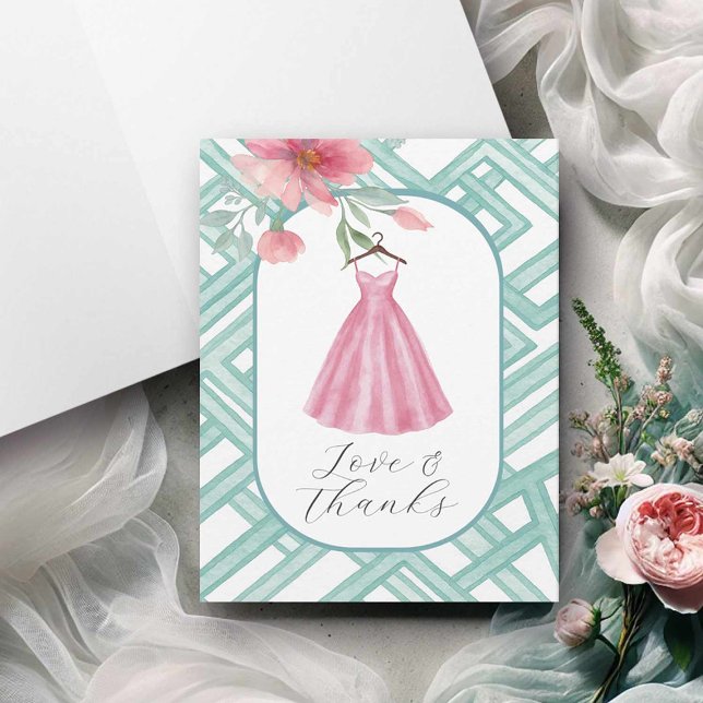 Watercolor Floral Thank You Cards Blank (Bridal shower card pink floral dress watercolor by Victoria Grigaliunas of Do Tell A Belle)