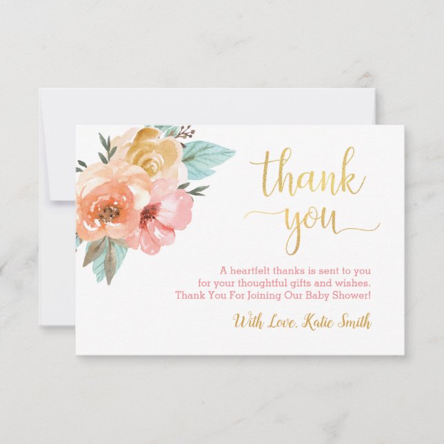 Watercolor Floral Thank You Cards Pink and Gold (Front)