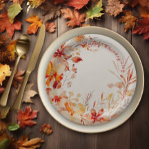 Watercolor Floral Thanksgiving Paper Plate