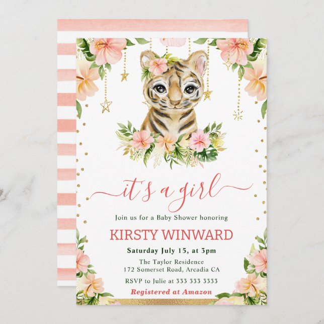Watercolor Floral Tiger Cub Girl Baby Shower Invitation (Front/Back)