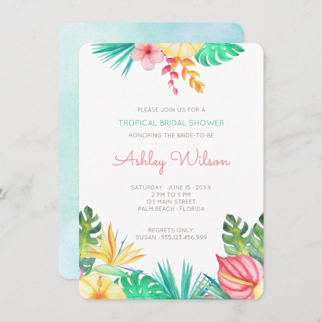 Watercolor Floral Tropical Bridal Shower Invite (Front/Back)