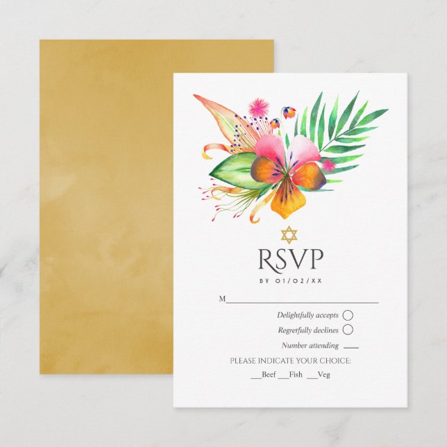Watercolor Floral Tropical Summer Bat Mitzvah RSVP Card (Front/Back)