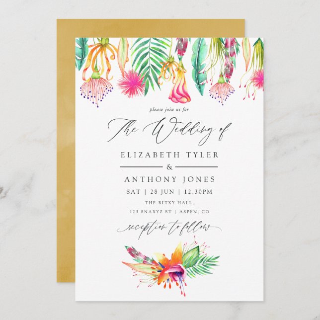 Watercolor Floral Tropical Summer Beach Wedding Invitation (Front/Back)