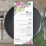 Watercolor Floral Tropical Wedding Menu<br><div class="desc">Elegant Destination Floral Palm Tropical Wedding Menu. Use this menu for a wedding reception, engagement party, rehearsal dinner, or even any other special occasion. With pink and green botanical accents contrasted by black and white lettering. A tropical design that embraces the tranquil beauty of nature mixed with a playful edge...</div>