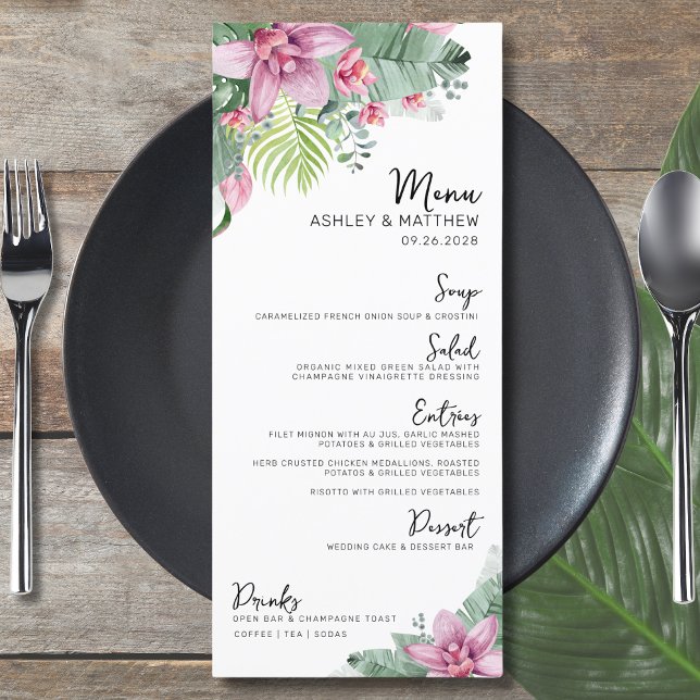 Watercolor Floral Tropical Wedding Menu (Elegant Destination Floral Palm Tropical Wedding Menu)