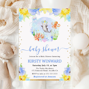 Watercolor Floral Underwater Animals Baby Shower Invitation