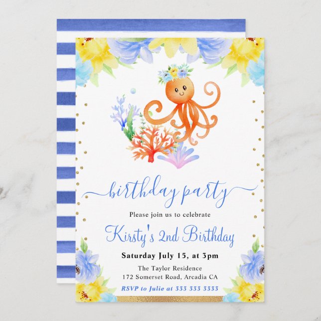 Watercolor Floral Underwater Octopus Birthday Invitation (Front/Back)