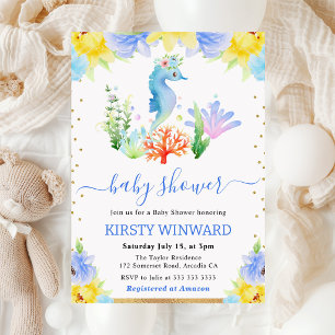 Watercolor Floral Underwater Seahorse Baby Shower Invitation