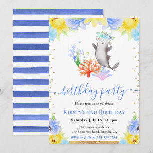 Watercolor Floral Underwater Shark Birthday Invitation