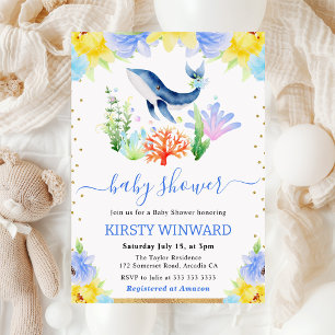 Watercolor Floral Underwater Whale Baby Shower Invitation