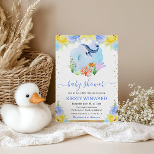 Watercolor Floral Underwater Whale Baby Shower Invitation
