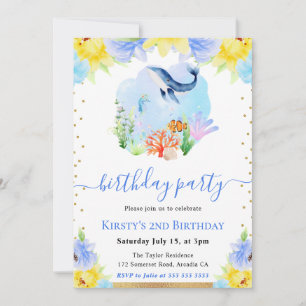 Watercolor Floral Underwater Whale Birthday Party Invitation