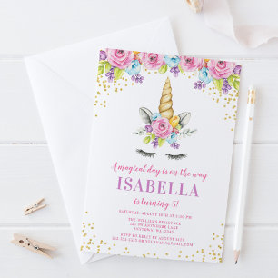 Watercolor Floral Unicorn Birthday Invitations