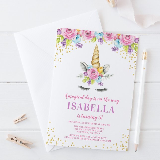 Watercolor Floral Unicorn Birthday Invitations (Creator Uploaded)