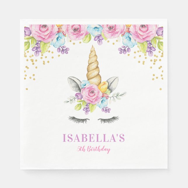 Watercolor Floral Unicorn Birthday Napkin (Front)