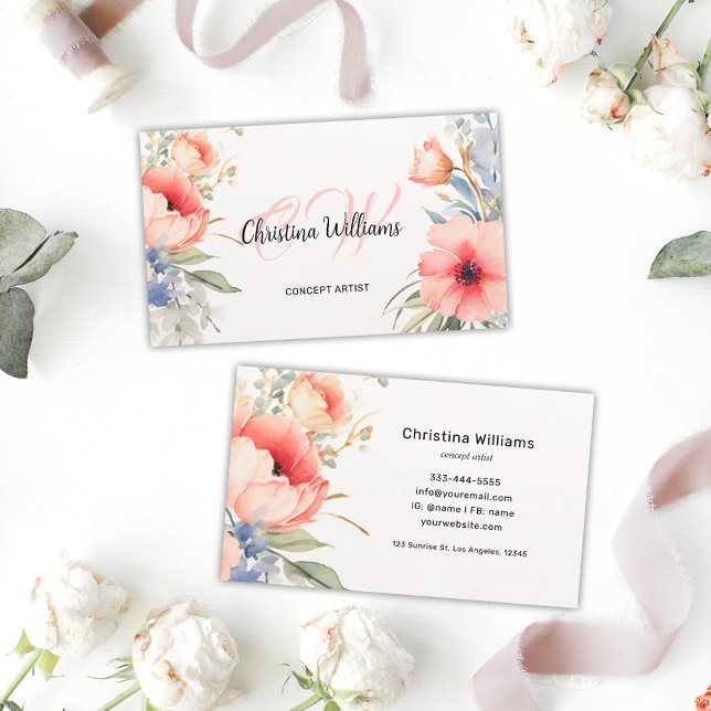 Watercolor Floral Unique Monogram Business Card (Watercolor Floral Unique Monogram Business Card)