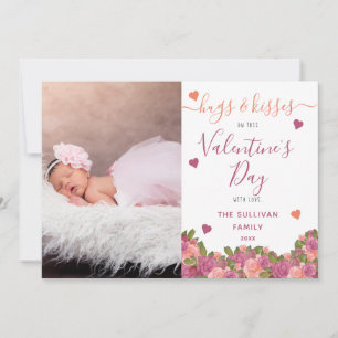 Watercolor Floral Valentine's Photo Hugs & Kisses Thank You Card