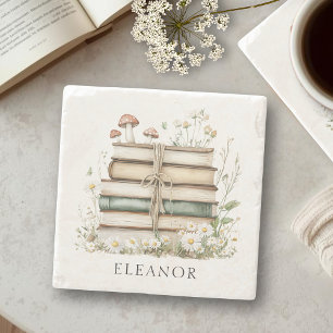 Watercolor Floral Vintage Books Personalized  Stone Coaster