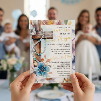 Watercolor Floral Vintage Cross Rosary Baptism Invitation