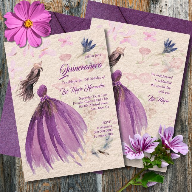 Watercolor Floral Violet Tones Quinceañera Invitation (Creator Uploaded)