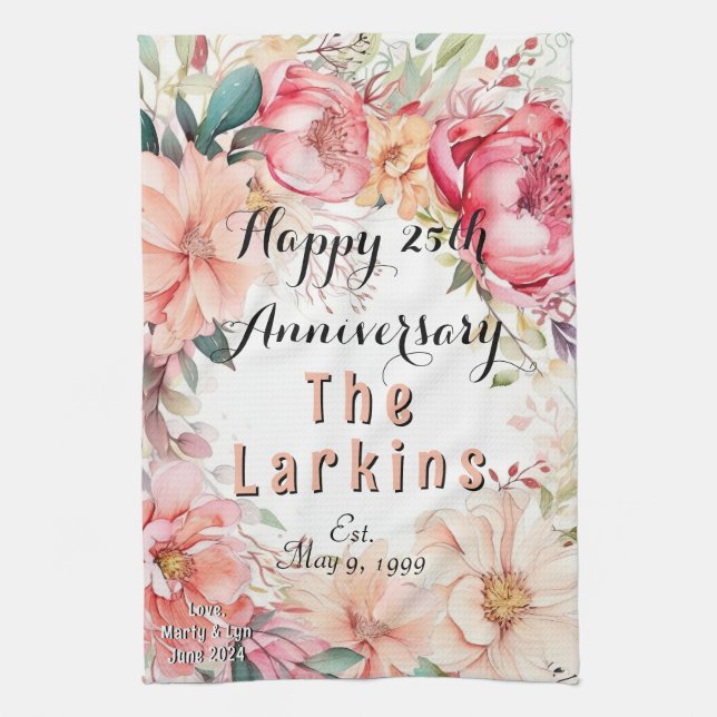 Watercolor Floral Wedding Anniversary Personalised Tea Towel (Vertical)