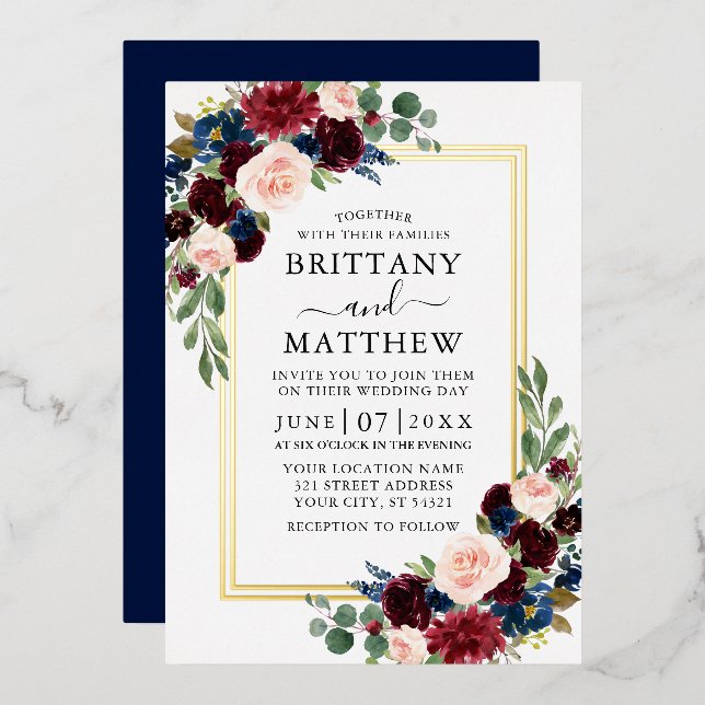 Watercolor Floral Wedding Blue 2 Frame Gold (Front/Back)