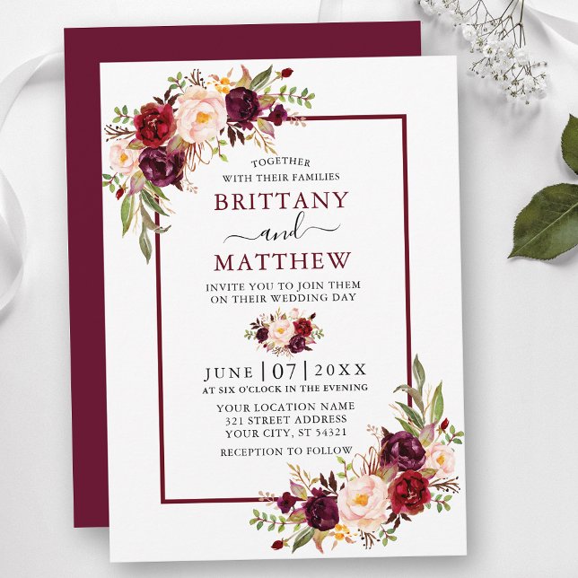 Watercolor Floral Wedding Burgundy Frame Invitation (Customize to change text color, style, add text & photos to back or change color of back of card.)