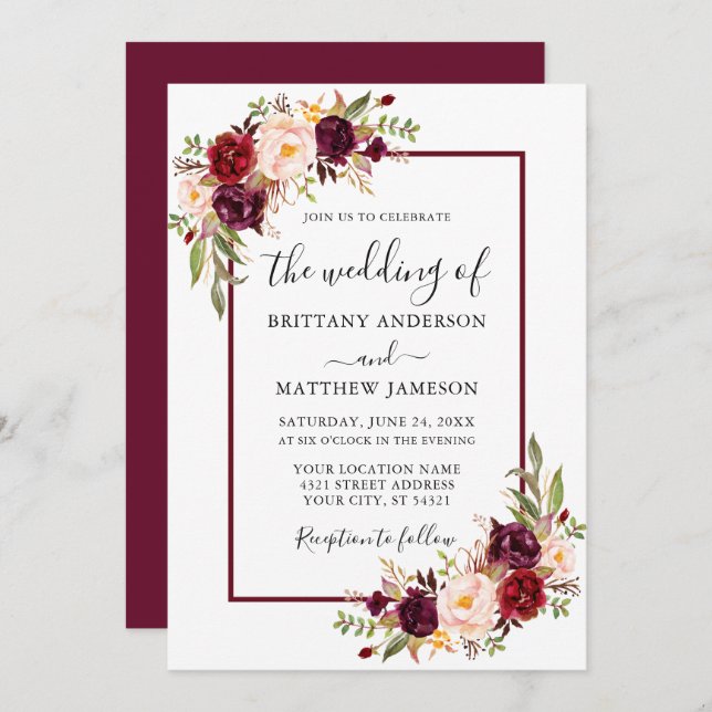 Watercolor Floral Wedding Burgundy Frame Invitation (Front/Back)