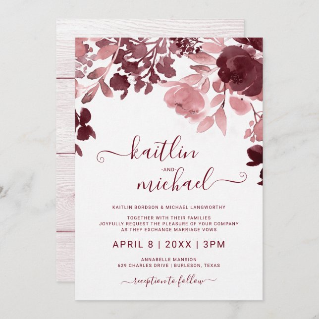Watercolor Floral Wedding - Burgundy & Pink Invitation (Front/Back)