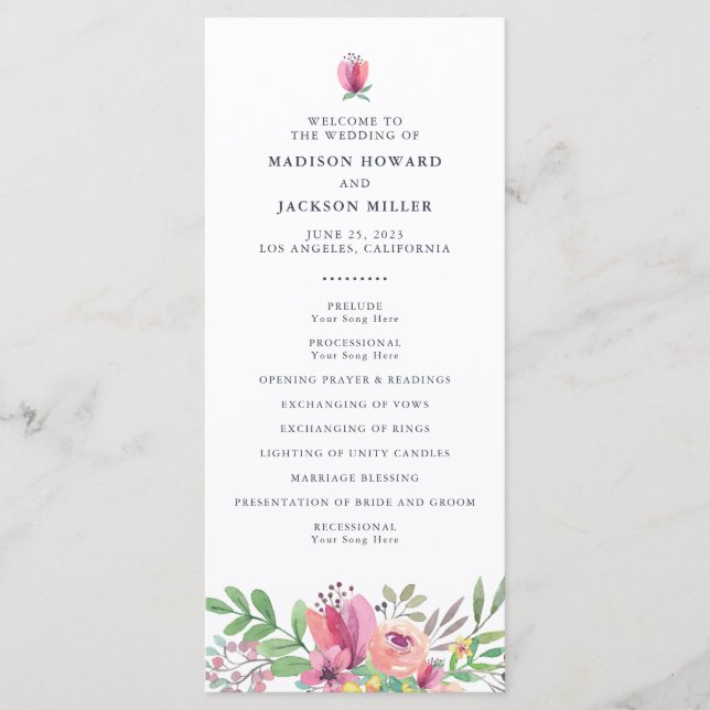 Watercolor Floral Wedding Ceremony Programme (Front)