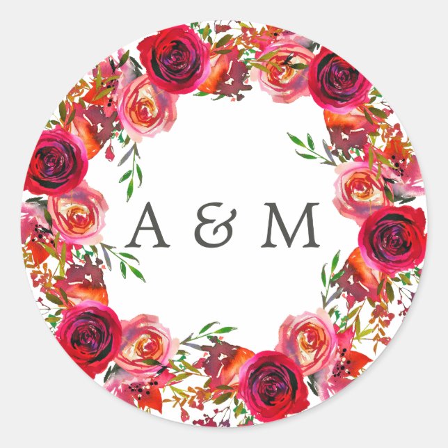 Watercolor Floral Wedding Classic Round Sticker (Front)