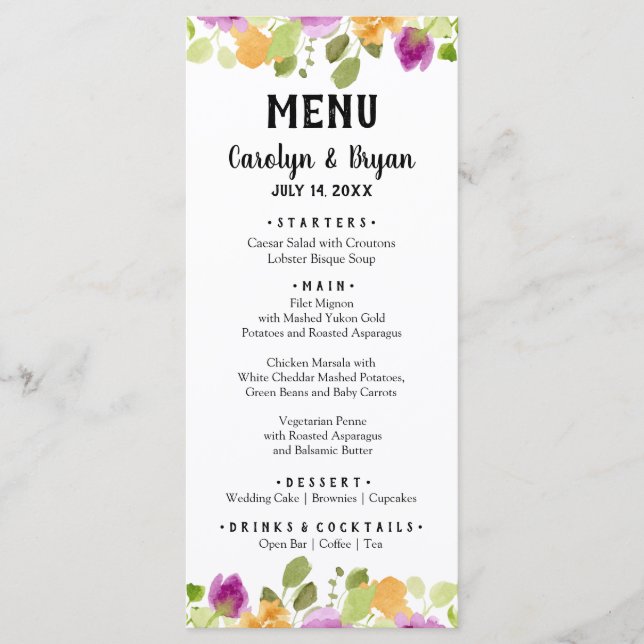 Watercolor Floral Wedding Dinner Menu (Front)