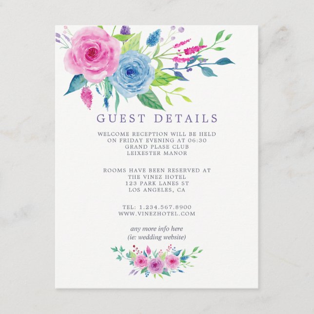 Watercolor Floral Wedding Guest Details Enclosure Card (Front)