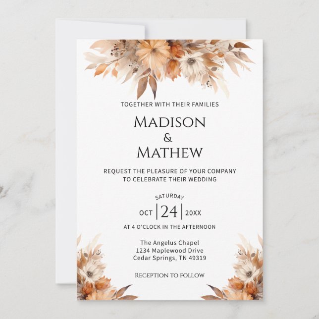 Watercolor Floral Wedding Invitation Orange Brown (Front)