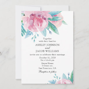 Watercolor floral wedding invitation. Pink flowers Invitation