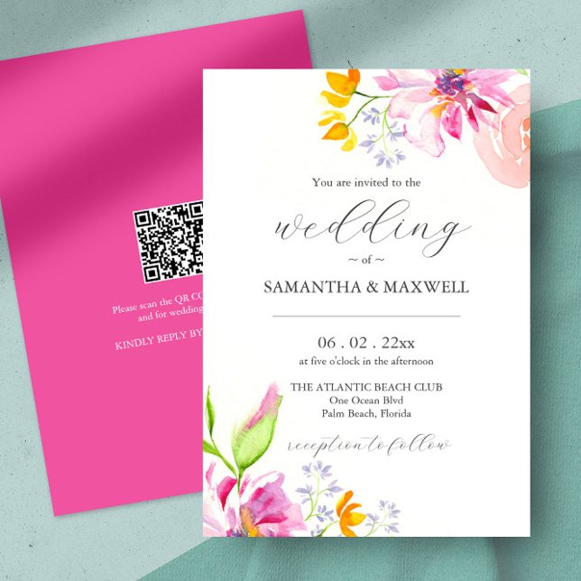 Watercolor Floral Wedding Invites with QR Code  (watercolor floral wedding invites unique pink flower art by Victoria Grigaliunas of Do Tell A Belle)