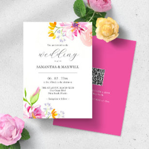 Watercolor Floral Wedding Invites with QR Code 