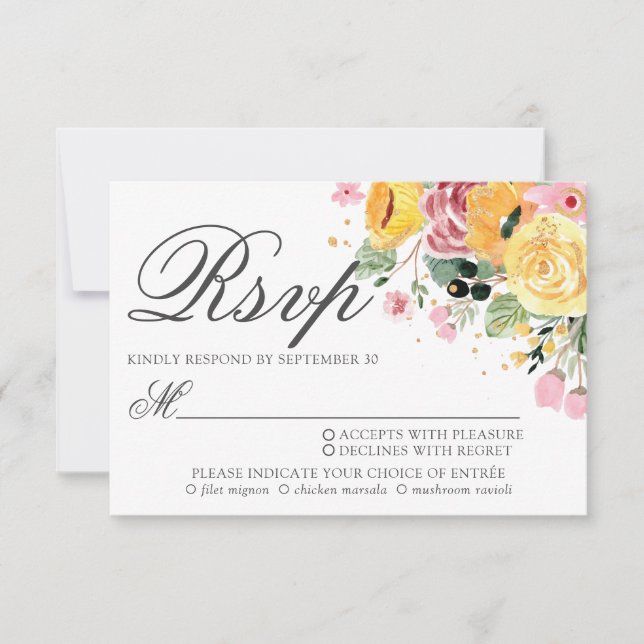Watercolor Floral Wedding Meal Choice RSVP Card (Front)